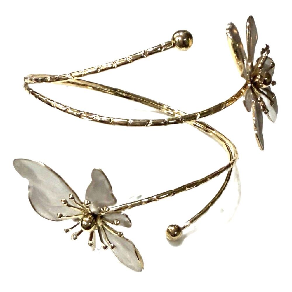 Floral Arm Cuff Bracelet Gold Tone and Enamel, With Flowers Upper Arm Jewelry